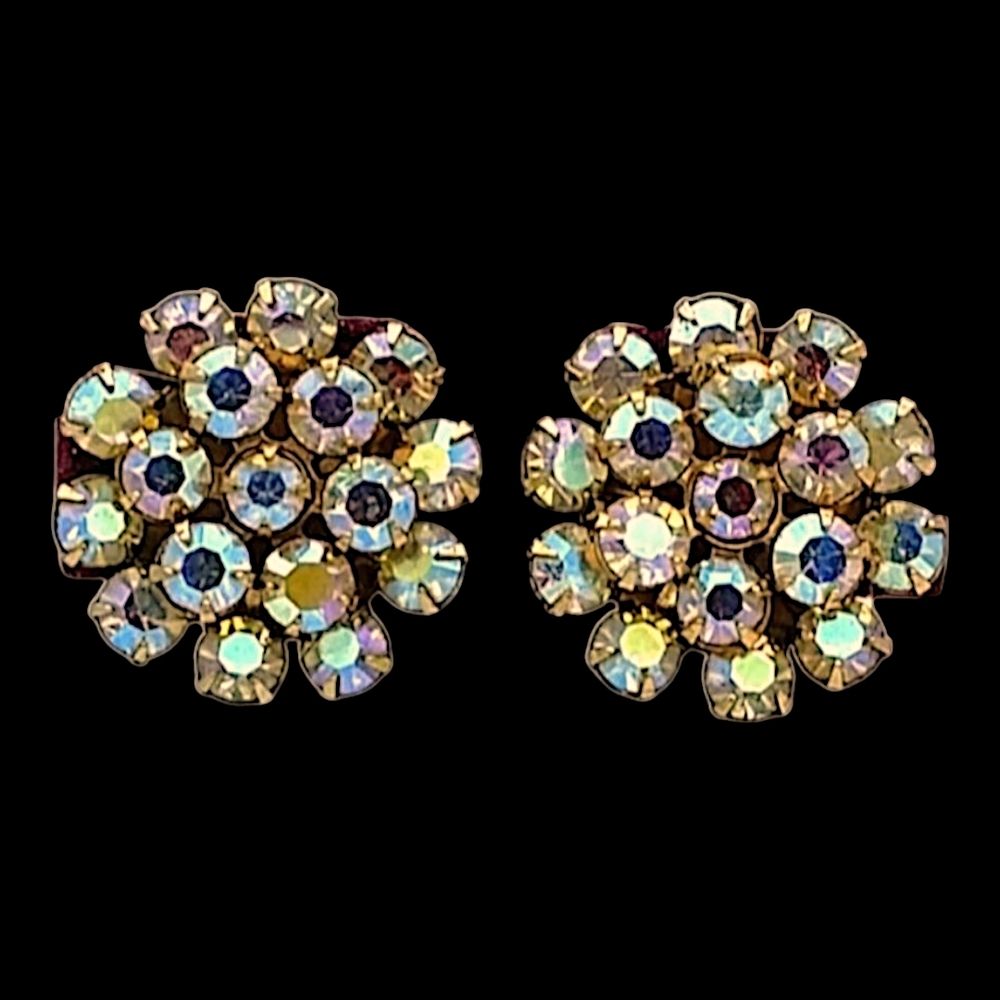 Vintage Rhinestone Earrings, Golden Aurora Borealis Rhinestone Clip Earrings